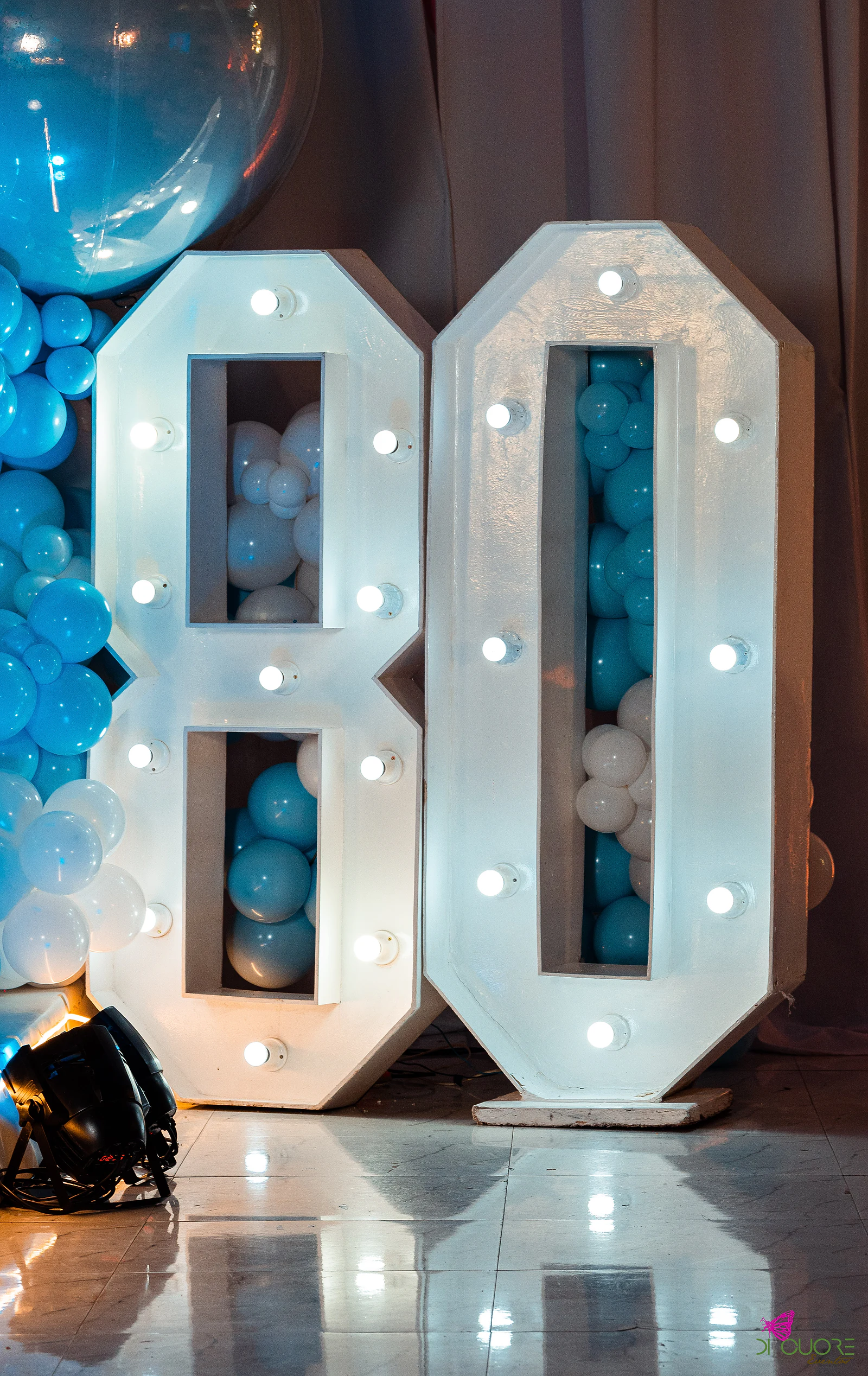 Número 80 em letras brancas iluminadas por lâmpadas, com balões azuis e brancos por dentro e ao fundo