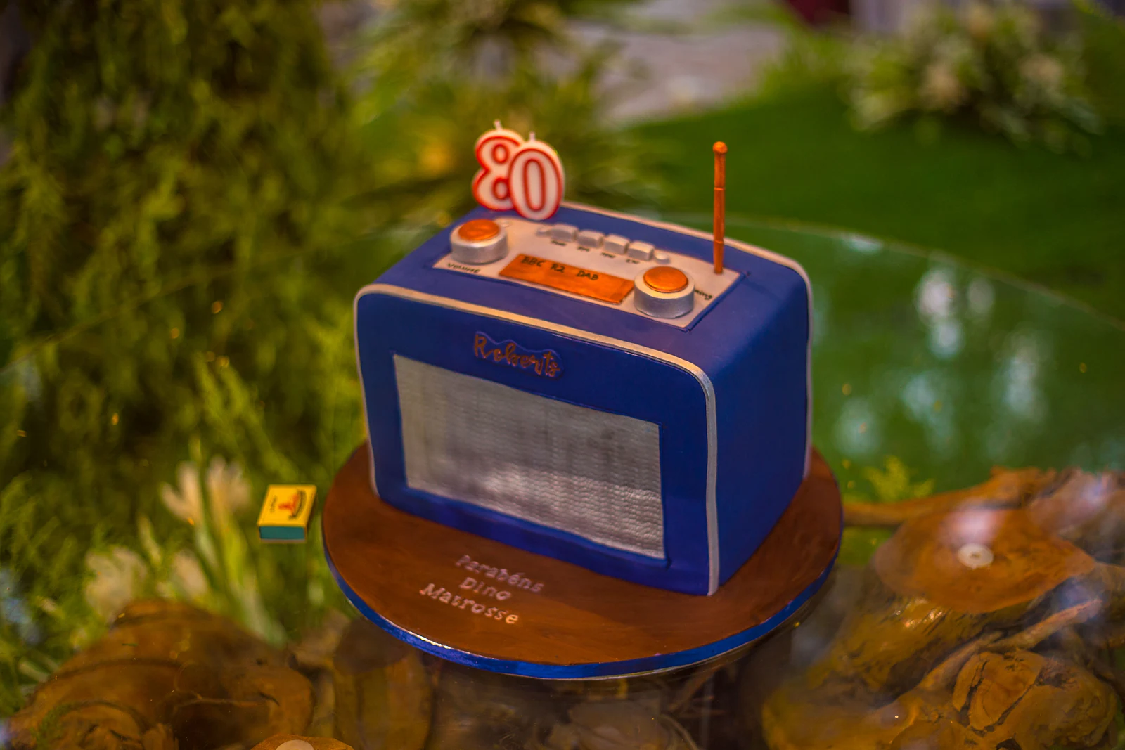 A cake shaped like a blue vintage radio, topped with an 80 candle, on a wooden base among foliage