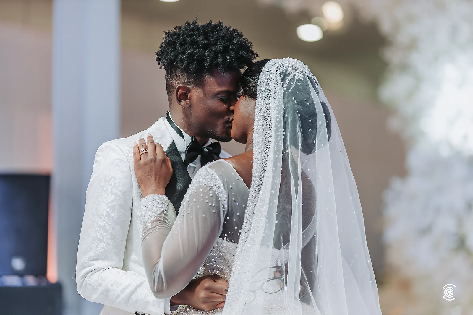 The couple's kiss, with the veil falling over the dress