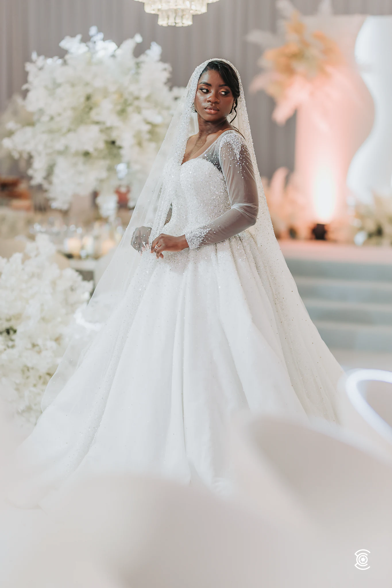 Retrato da noiva de vestido de baile e véu longo no salão