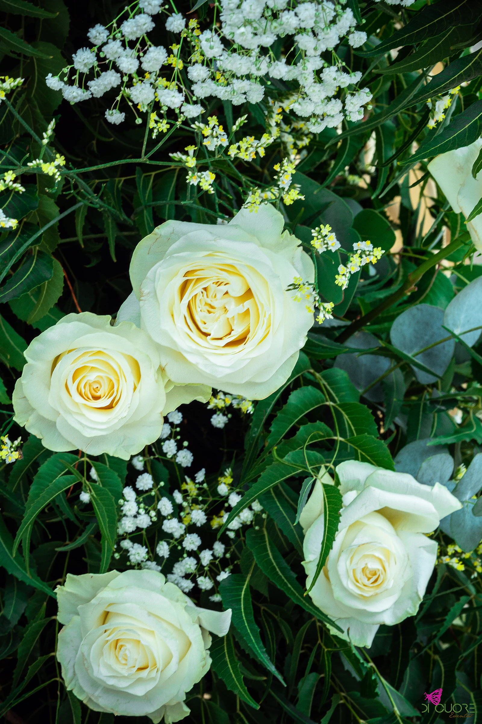 Pormenor de rosas brancas com gipsófila e folhagem verde