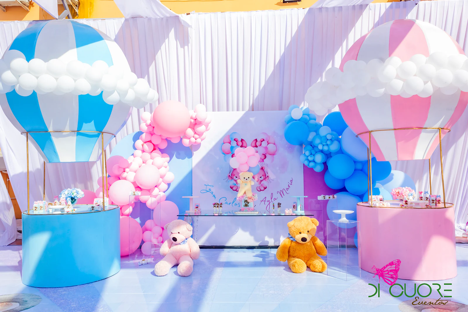Painel claro com dois balões de ar quente, um azul e outro rosa, com topo de nuvem branca, arcos de balões e ursinhos de peluche diante da mesa de doces