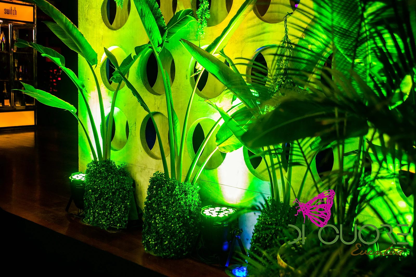 Plantas de folha grande e buxos iluminados a verde diante de uma parede com furos redondos