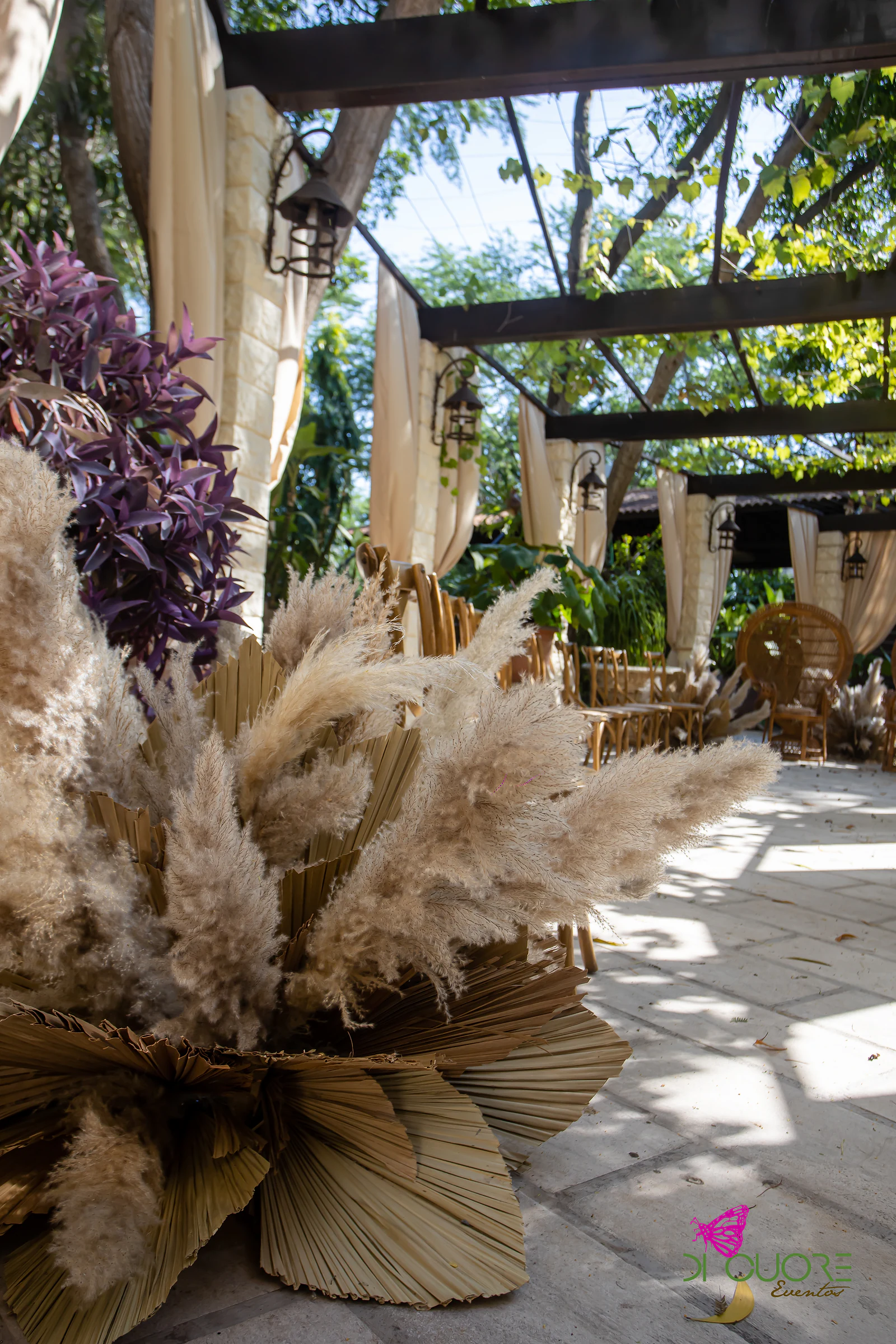 Ramo de pampas e palmas secas com folhagem roxa em primeiro plano, e a pérgola de lanternas e cortinados ao fundo