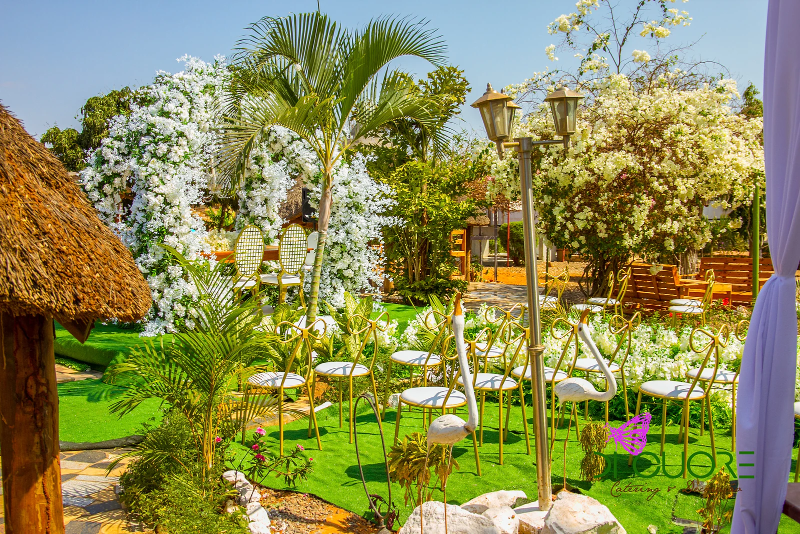 Jardim da cerimónia visto de uma cabana de palha: cadeiras douradas com laço, aves brancas decorativas, um candeeiro de jardim, uma palmeira e o arco de flores ao fundo