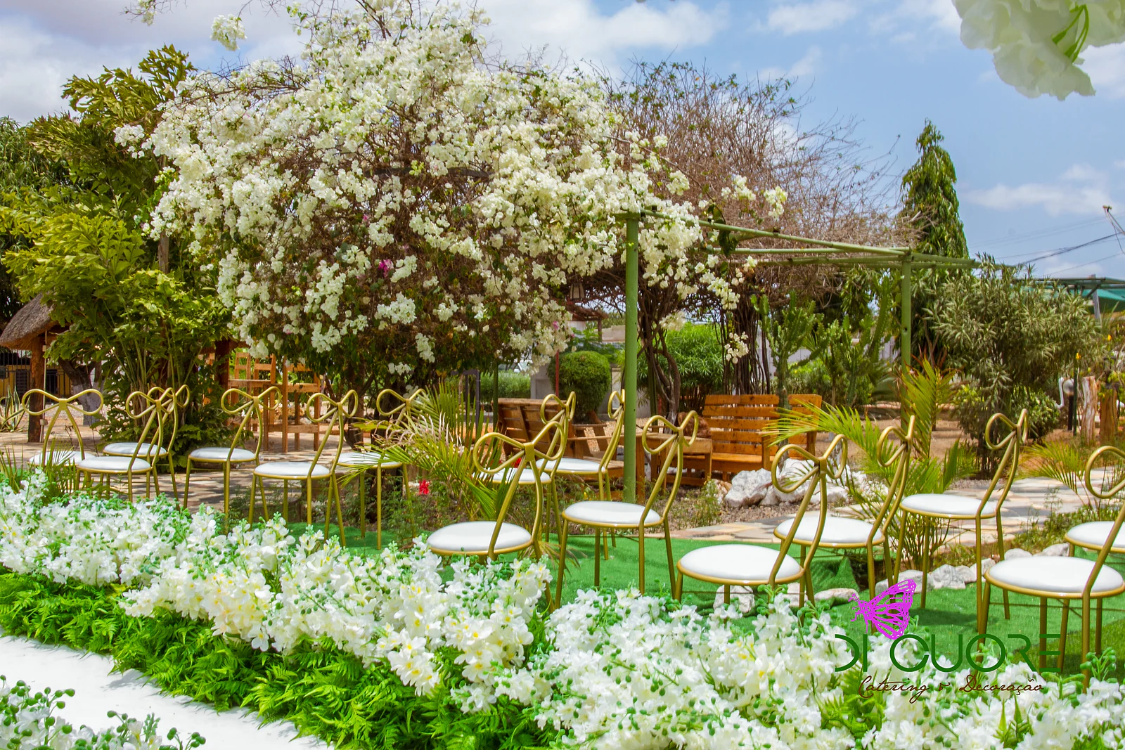 Fila de cadeiras douradas com laço atrás de um canteiro de flores brancas e fetos, sob uma árvore coberta de flores brancas