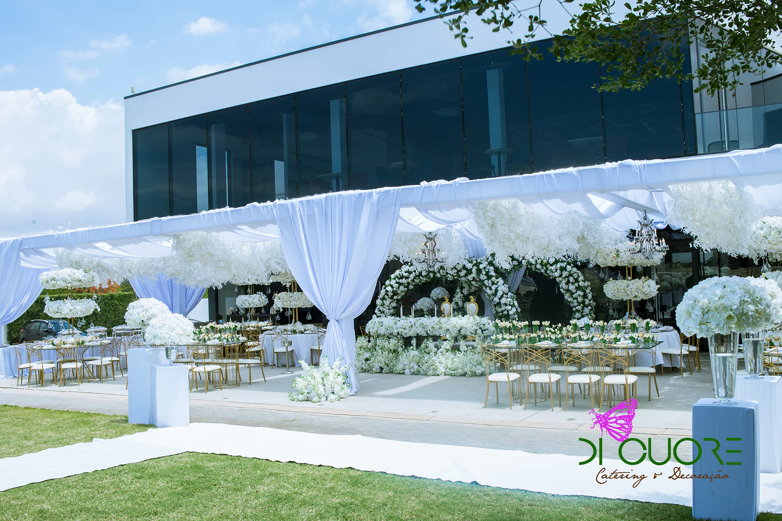 Structure of white drapes beside a glass building, with the tables and flower arches beyond and a white carpet over the lawn