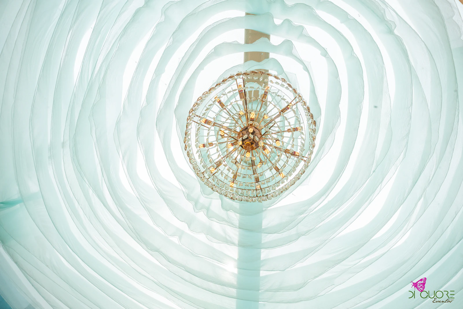 Tecto de tecidos azul-turquesa e branco em espiral, visto de baixo, com um lustre de cristal no centro